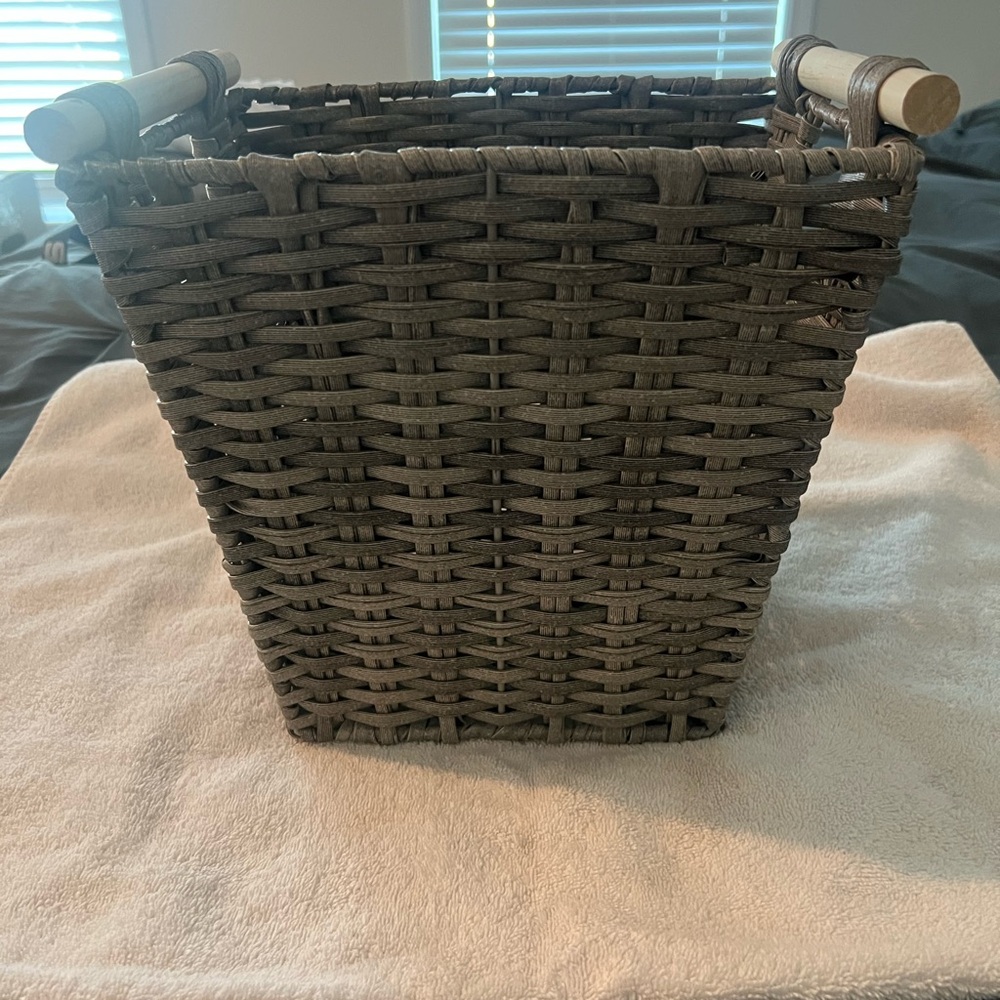 Gray Woven Basket with Wooden Handles
